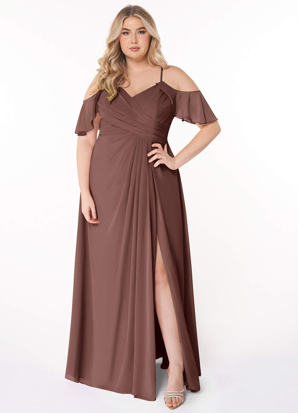 Azazie Dakota Bridesmaid Dresses Espresso A-Line V-Neck Pleated Chiffon Dress image1