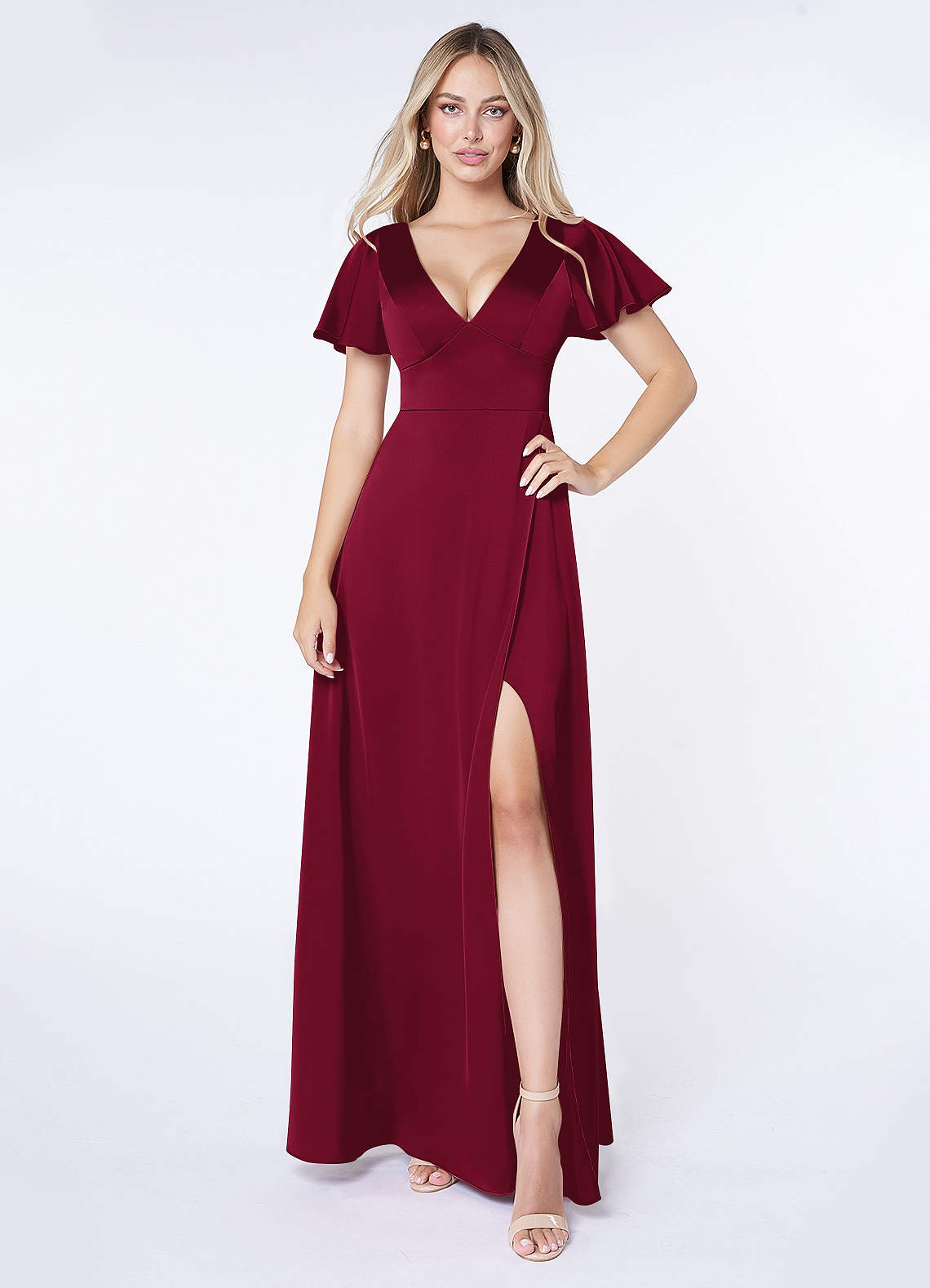 Azazie Lani Bridesmaid Dresses Burgundy A-Line Flounce Sleeve Stretch Satin Dress image1