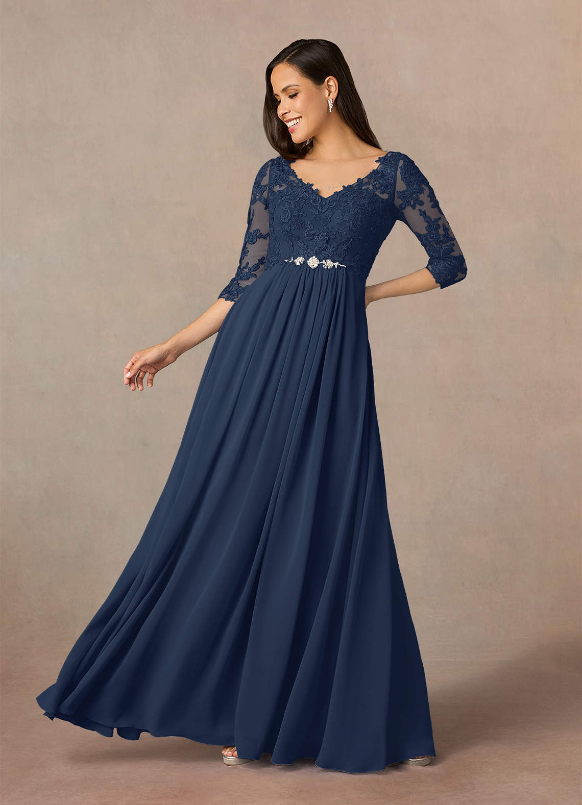 Azazie Hayek Mother of the Bride Dresses Dark Navy A-Line V-Neck Lace Chiffon Dress image1