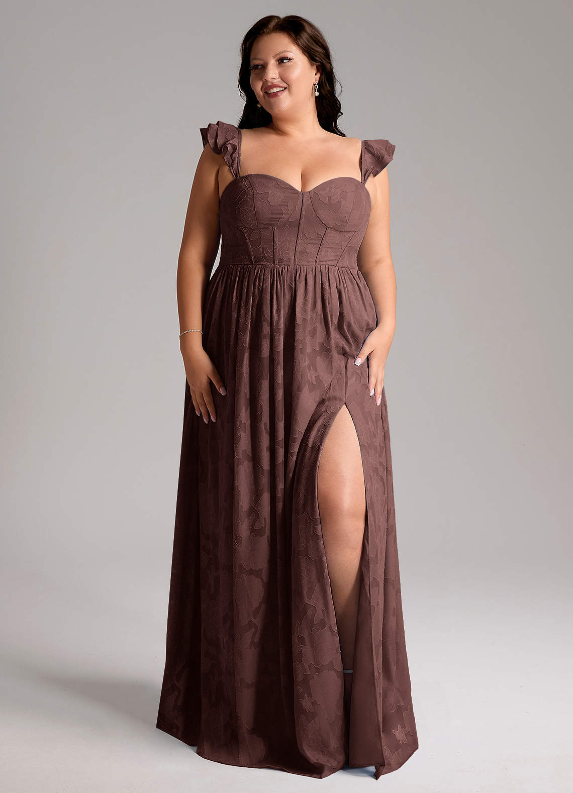 Azazie Denisse Vestidos de madrinha de casamento Vestido Café Expresso de Esgotamento Floral de Linha A com Ruched image8