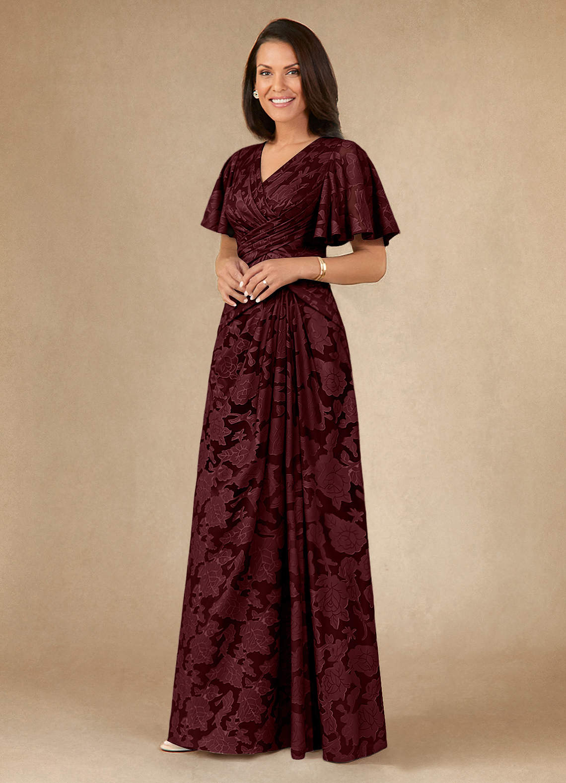 Azazie Emmeline vestidos de madre de la novia Vestido de Cabernet de Devorado Floral de Corte En A con Plisado image2
