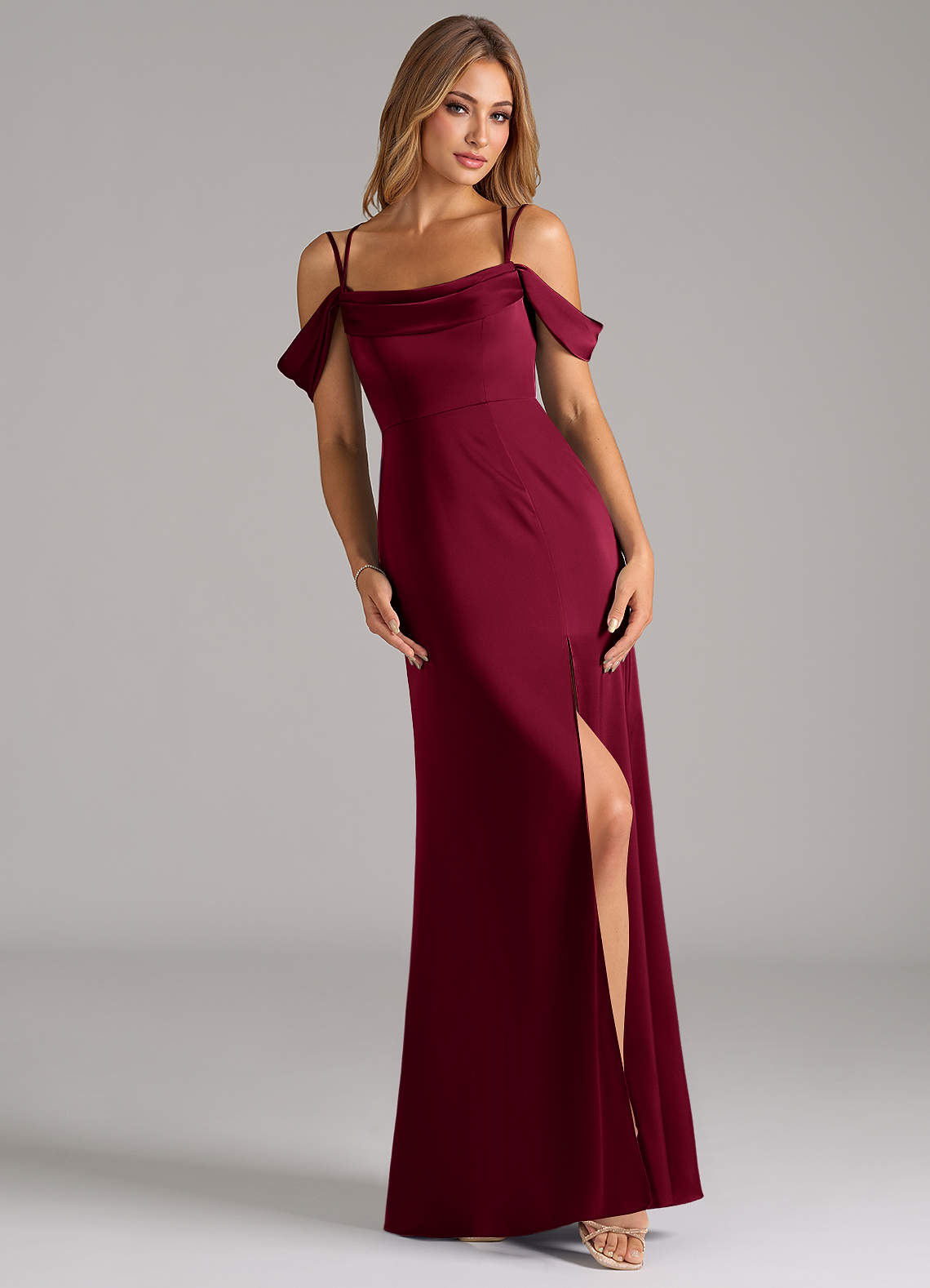 Azazie Callan Ready to Ship Burgundy Stretch Satin Bridesmaid Dresses | Azazie Azazie Callan Ready to Ship Burgundy Stretch Satin Bridesmaid Dresses | Azazie