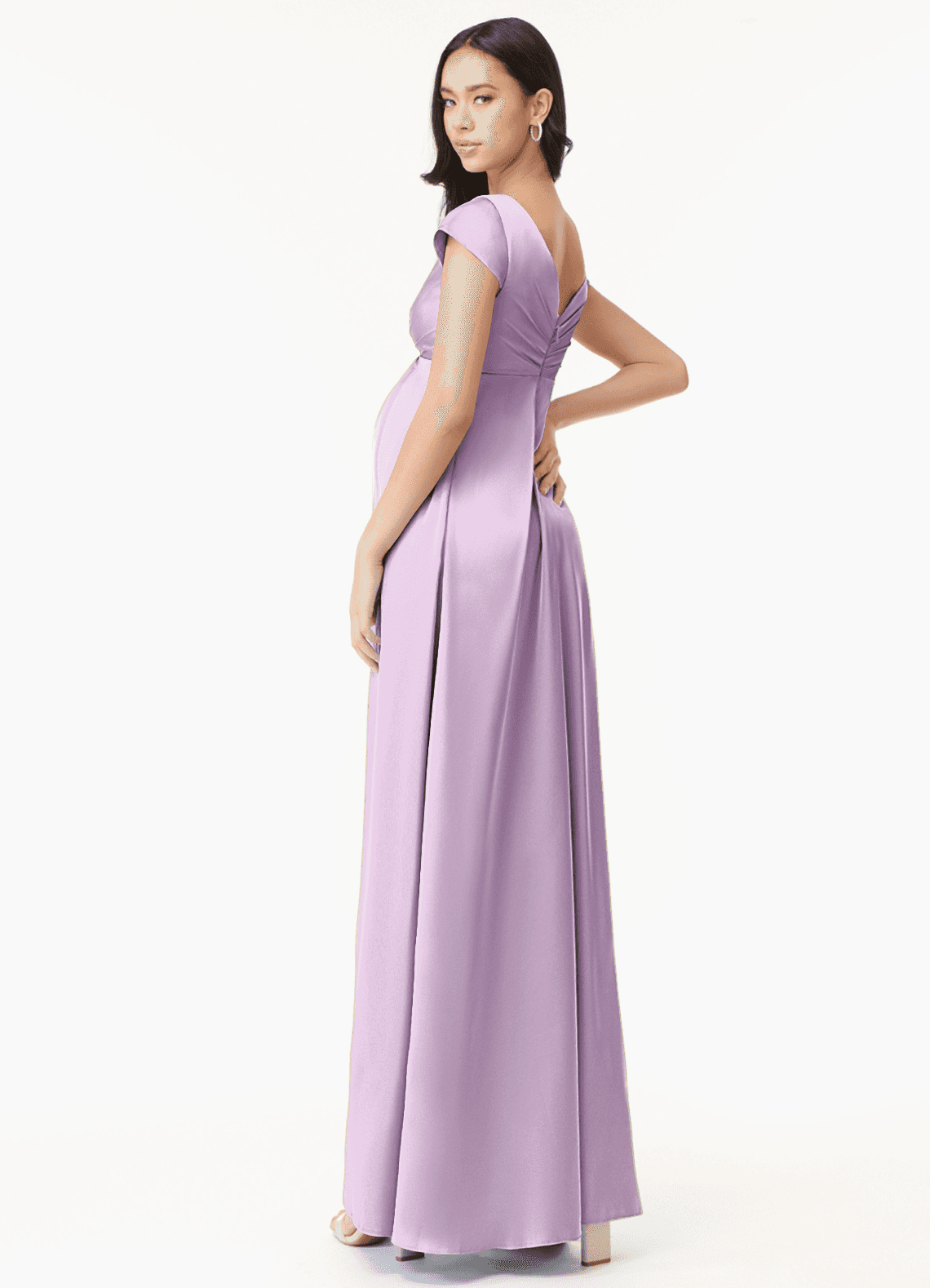 Azazie Allessia At-home Try On Dresses A-Line Pleated Stretch Satin Floor-Length Dress image3