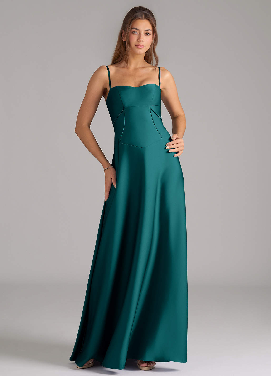 Azazie Valentine Bridesmaid Dresses Peacock A-Line Corset Stretch Satin Dress image1