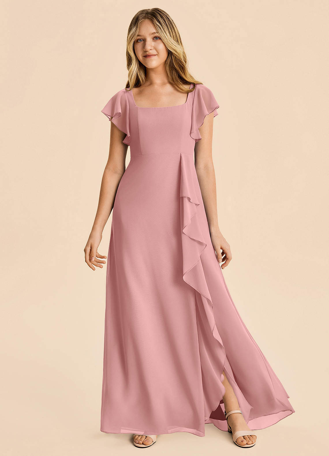 dusty pink junior bridesmaid dresses Azazie A-Line/Princess Square Neck Floor-Length Chiffon Junior Bridesmaid Dresses