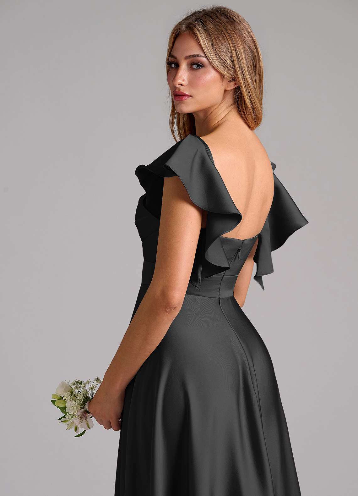 Azazie Leilani Bridesmaid Dresses Black A-Line Ruched Stretch Satin Dress image8