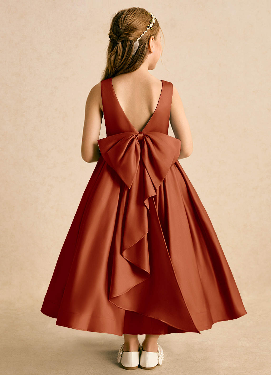 Azazie Cailee Flower Girl Dresses Paprika Ball-Gown Pleated Matte Satin Dress image1