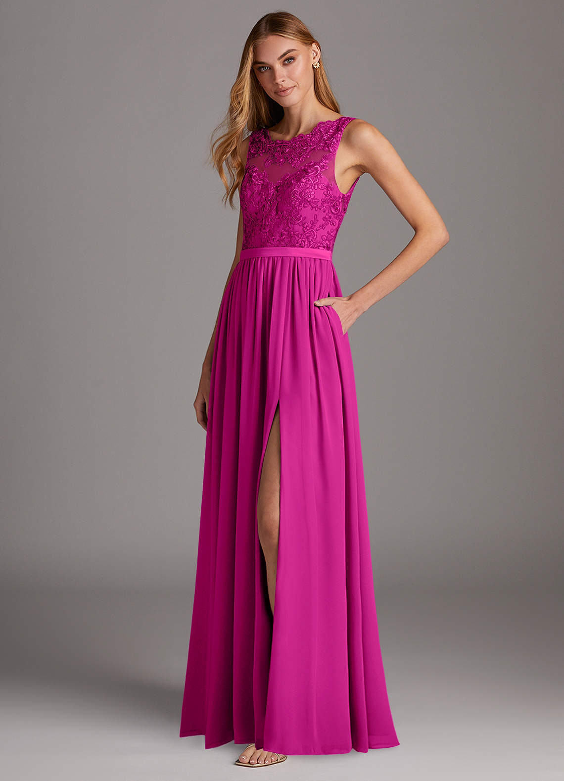 Azazie Elly Bridesmaid Dresses Fuchsia A-Line Lace Scoop Neck Chiffon Dress image1