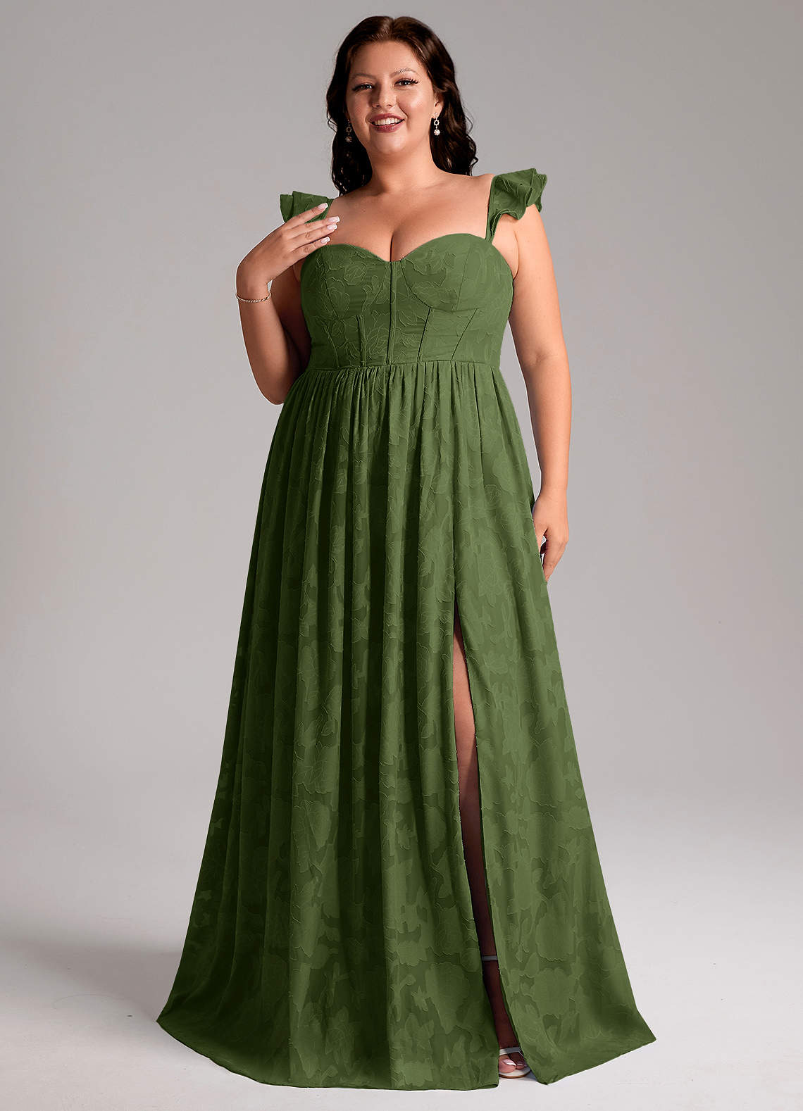 Azazie Denisse Vestidos de madrinha de casamento Vestido Oliva de Esgotamento Floral de Linha A com Ruched image6