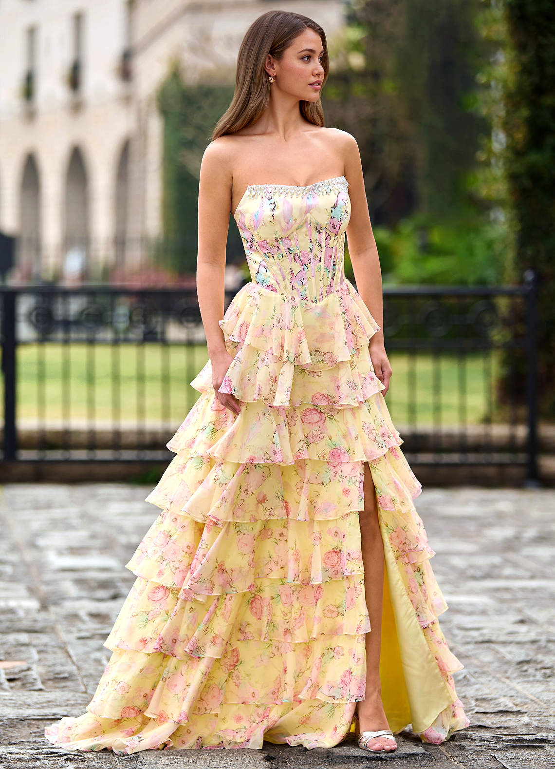 open lace back dress Sequin Pink and Yellow Long Sleeve Mermaid Prom Dresses – Dbrbridal main image 0
