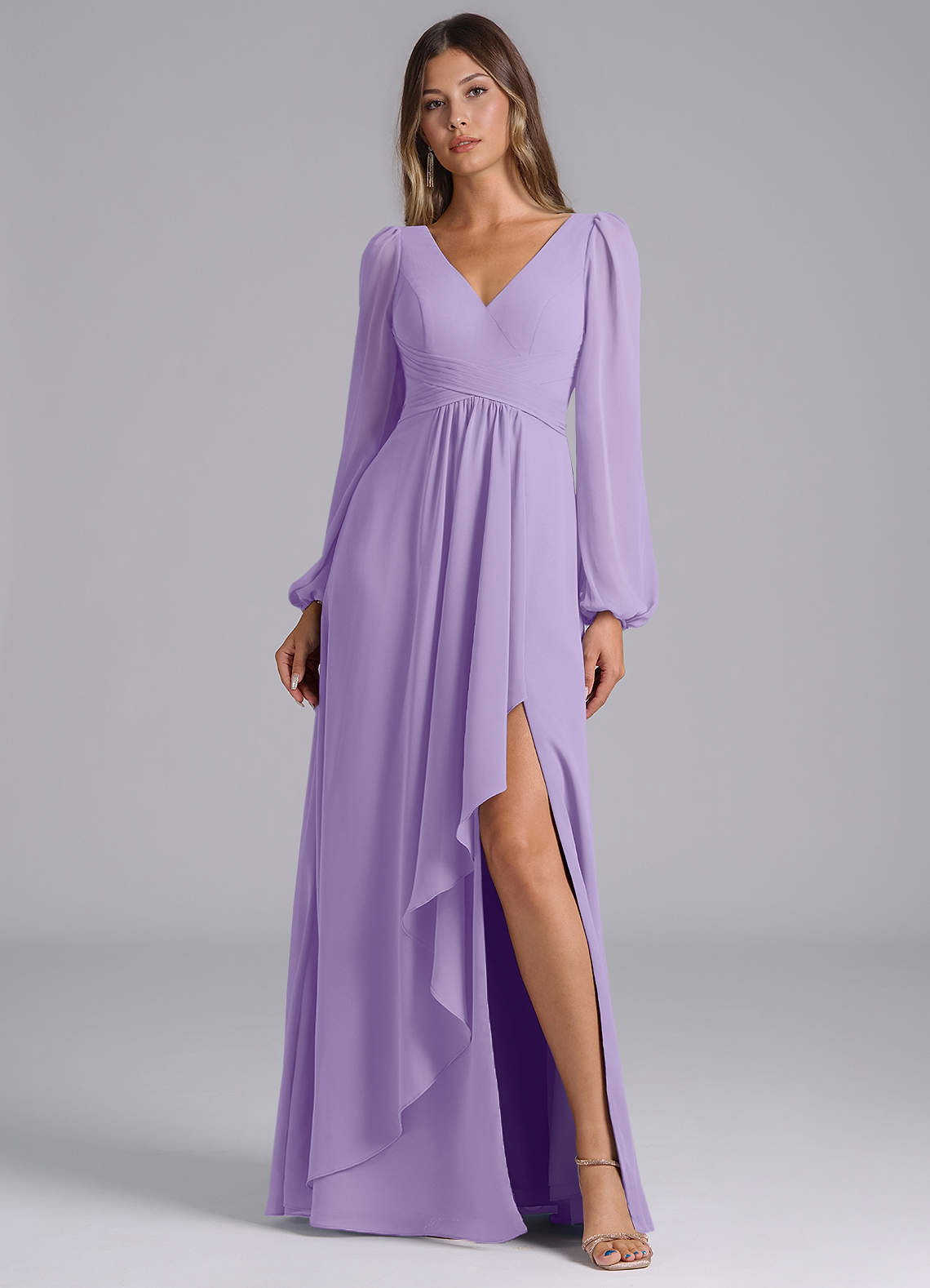 Azazie Omari Bridesmaid Dresses Lilac A-Line Long Sleeve Chiffon Dress image1