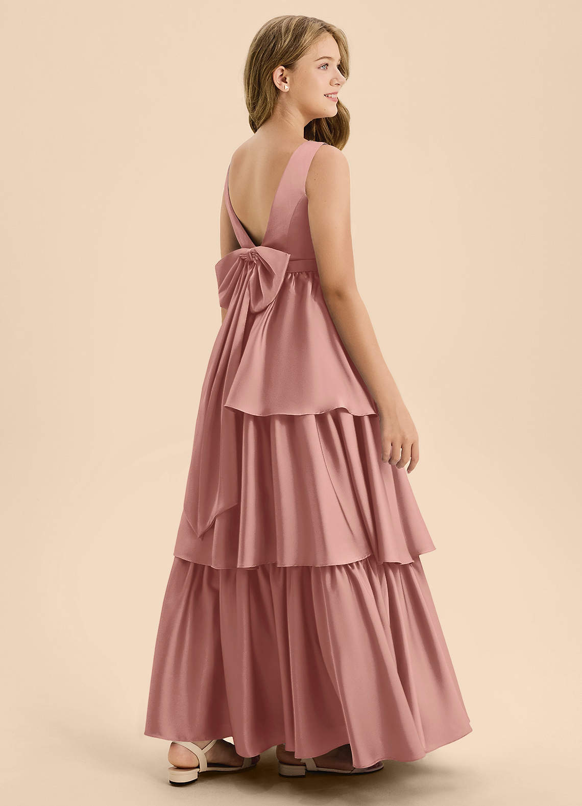 Azazie Meadowyn Junior Rosette A-Line Bow Stretch Satin Dress image1