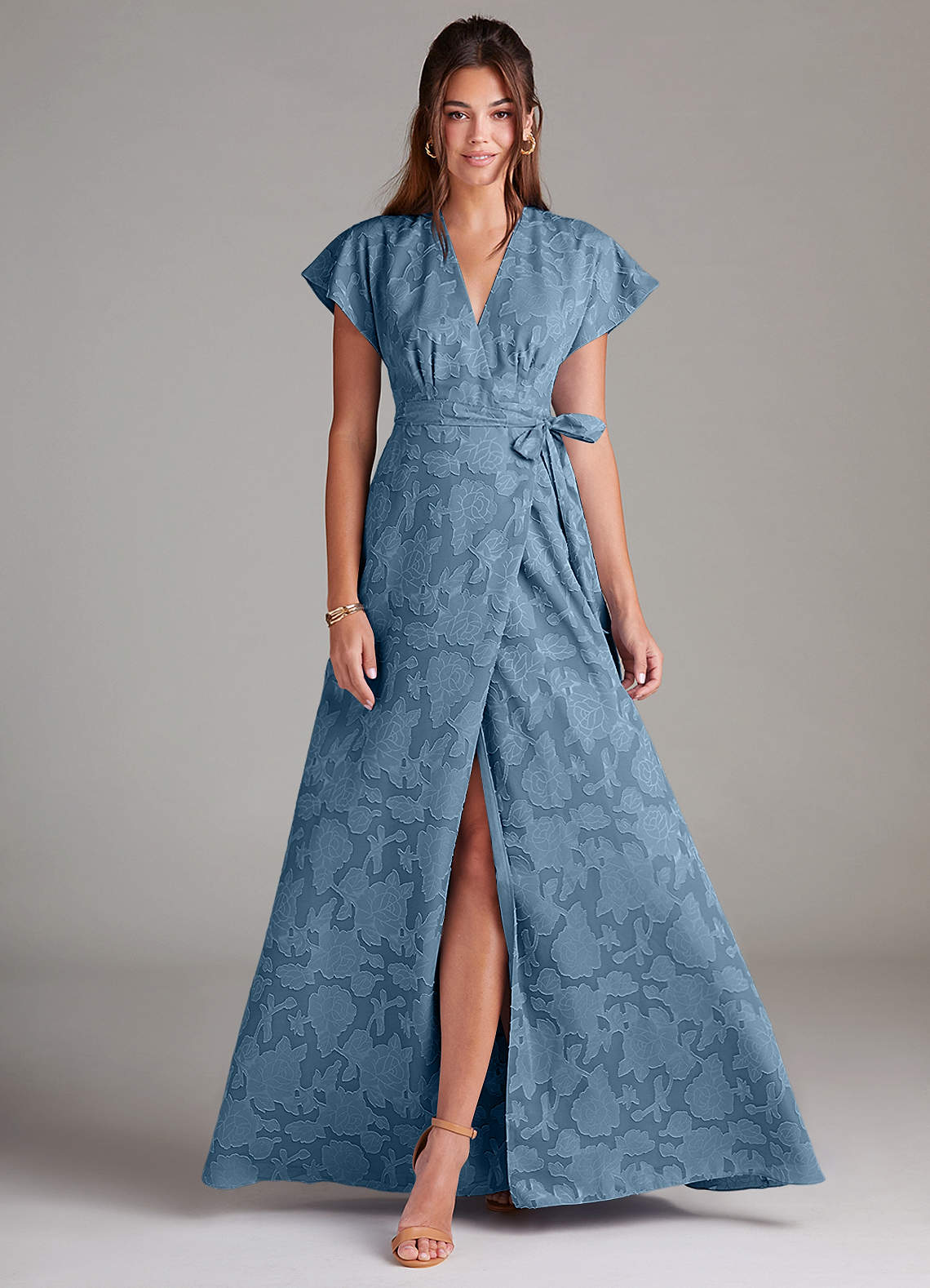 Azazie Ling Bridesmaid Dresses Steel Blue A-Line Pleated Floral Burnout Dress image1