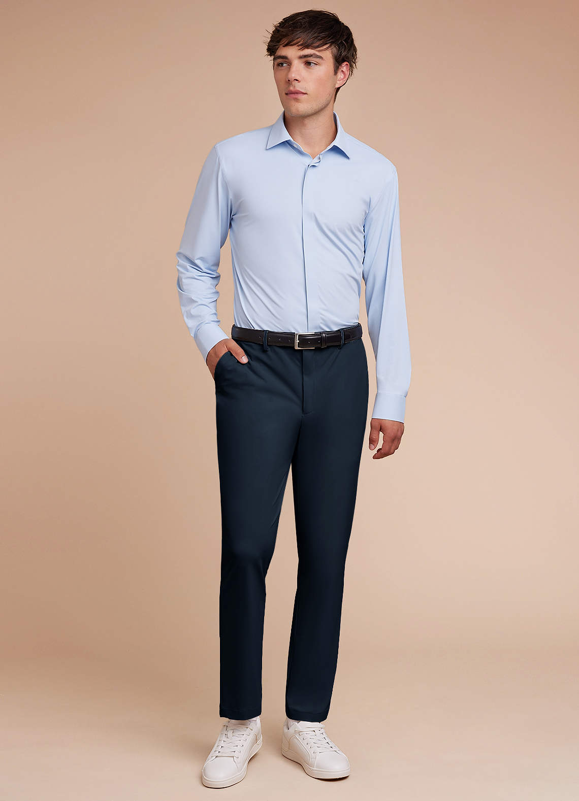 front Vincent Navy Blue Structured High Stretch Dress Pants