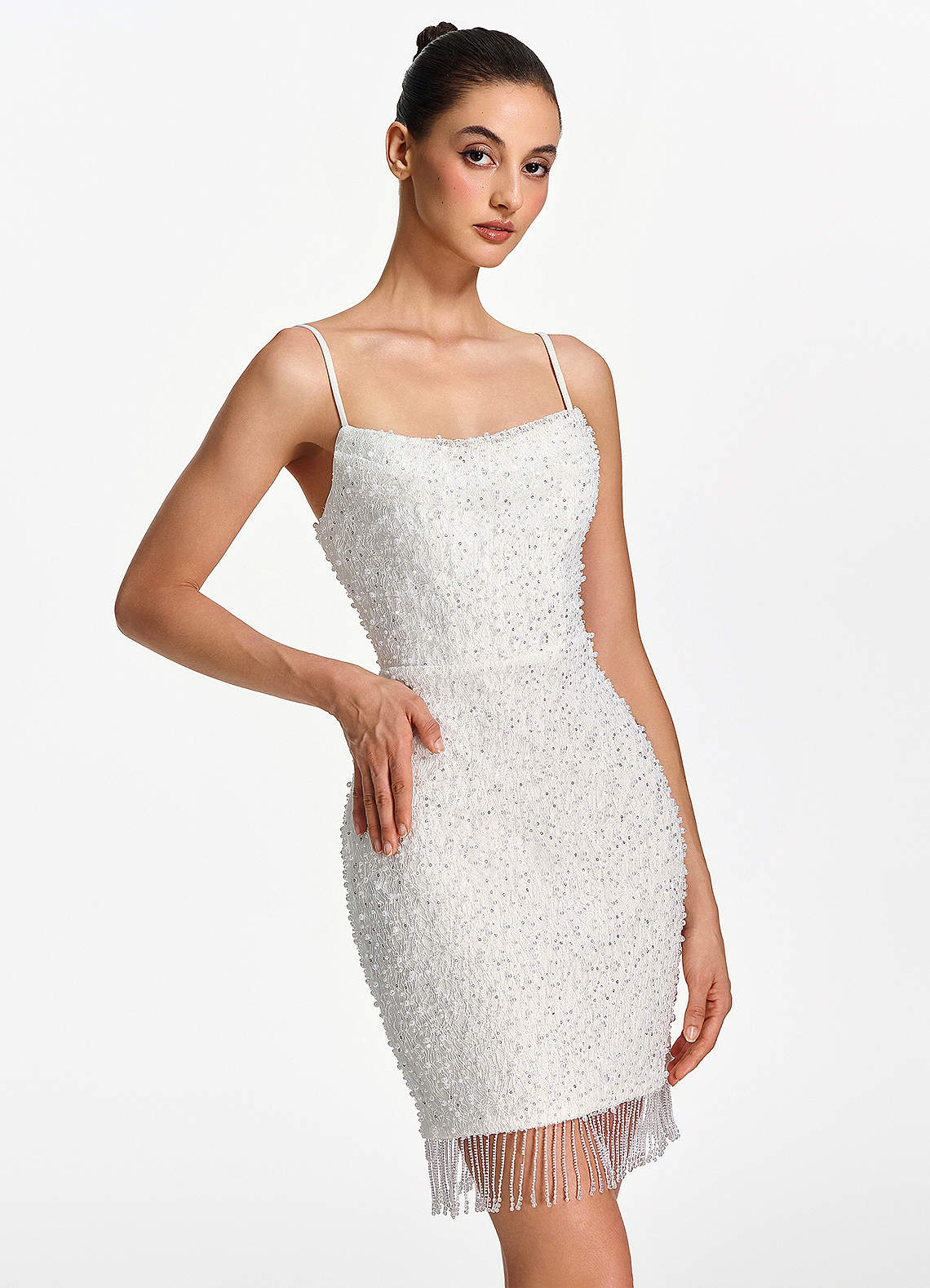 beaded fringe white dress Liliana Spaghetti Strap Lace Up Mini Bold in mood swatch:core Homepage – Monique Lhuillier Color:Black/Ivory/Silver