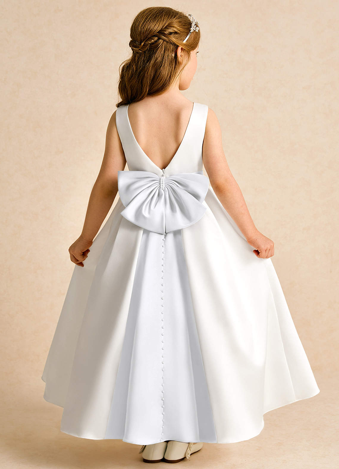 Azazie Cherry Blumenmädchenkleider Ballkleid Plissee Matte Satin Kleid Elfenbein Weiß image1