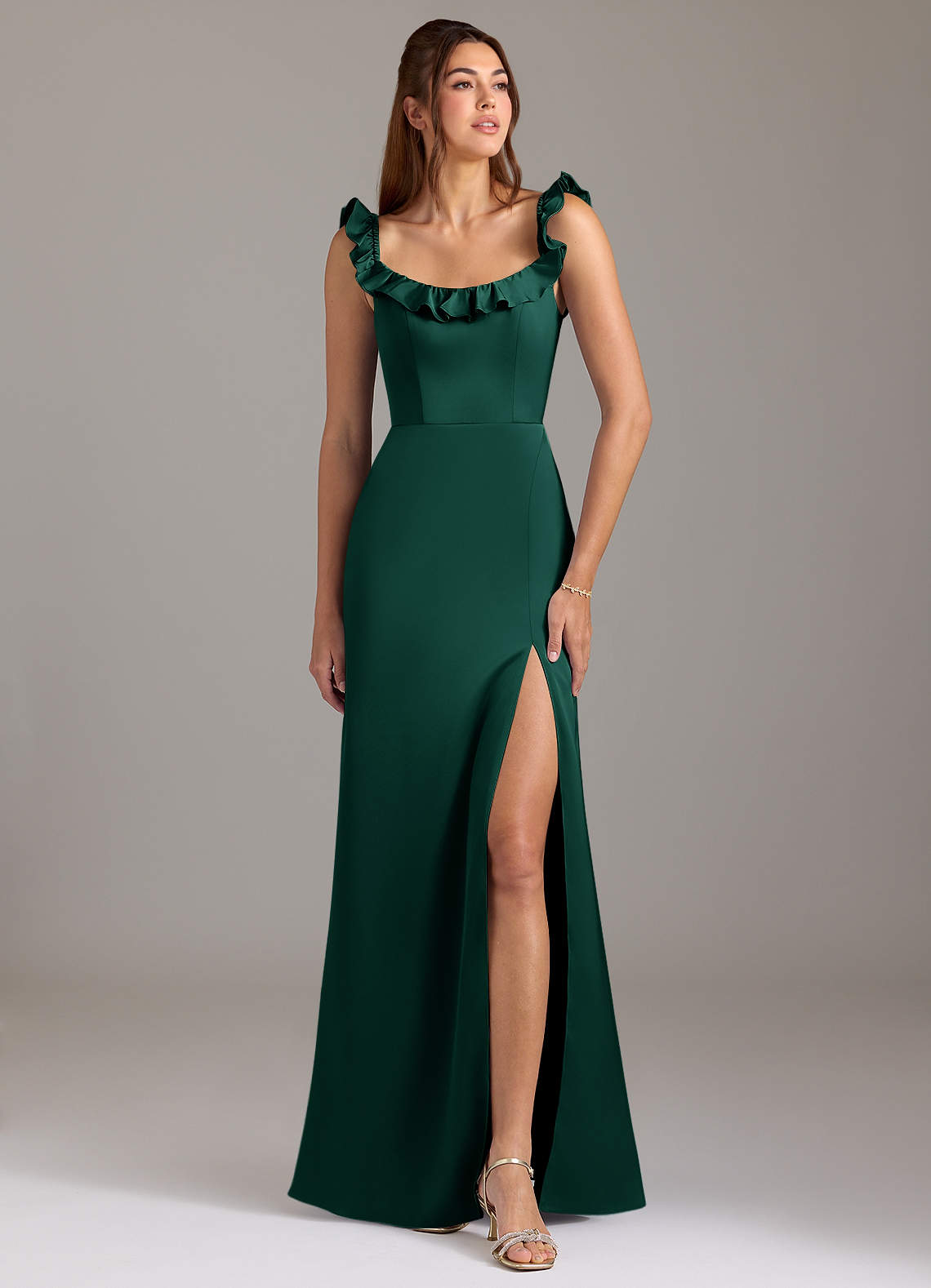 Azazie Callie Robes de demoiselle d'honneur Robe Trapèze Convertible en Satin extensible Rayé émeraude image1