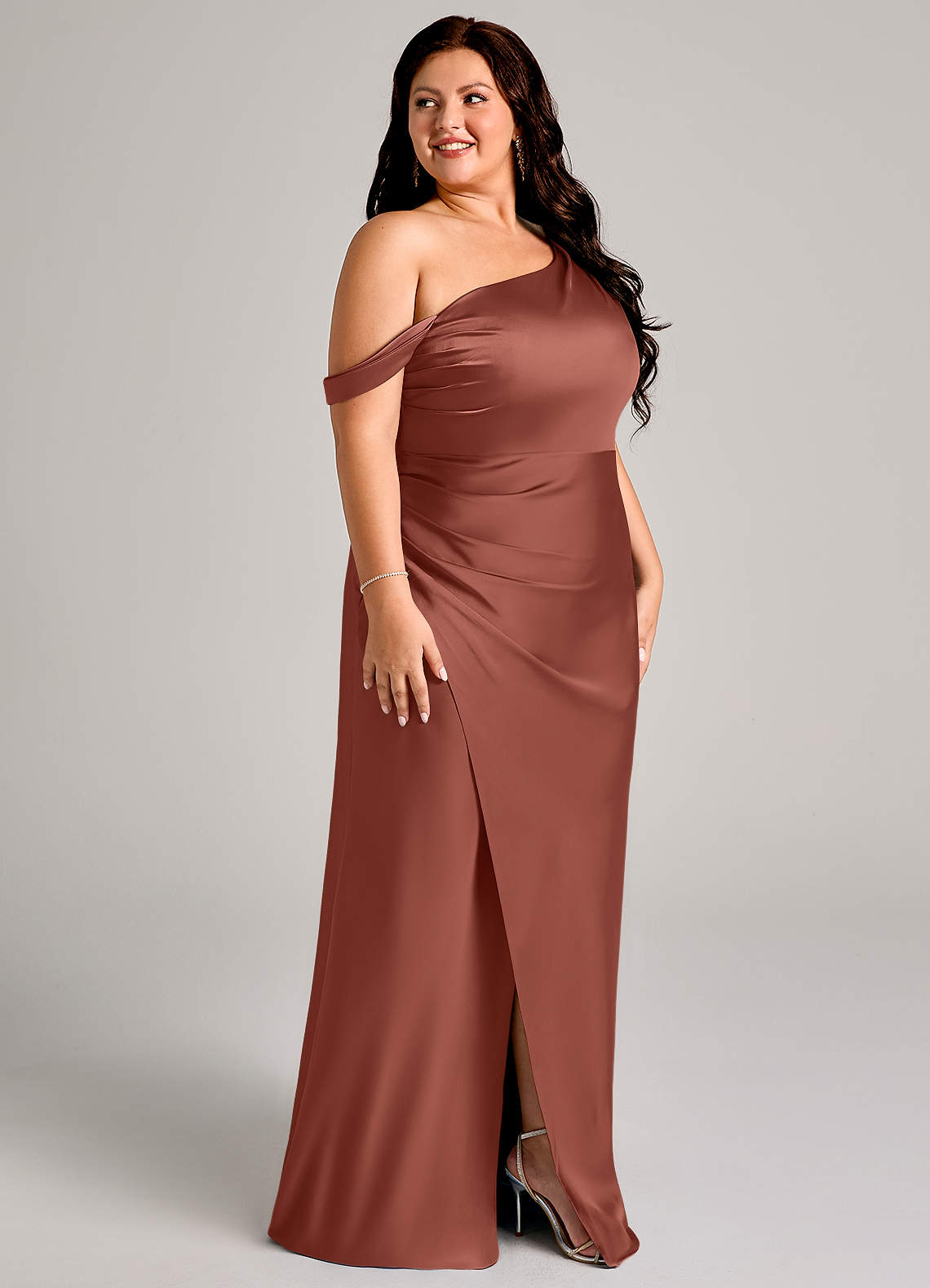 Azazie Madelyn Bridesmaid Dresses Auburn Mermaid One Shoulder Stretch Satin Convertible Dress image10