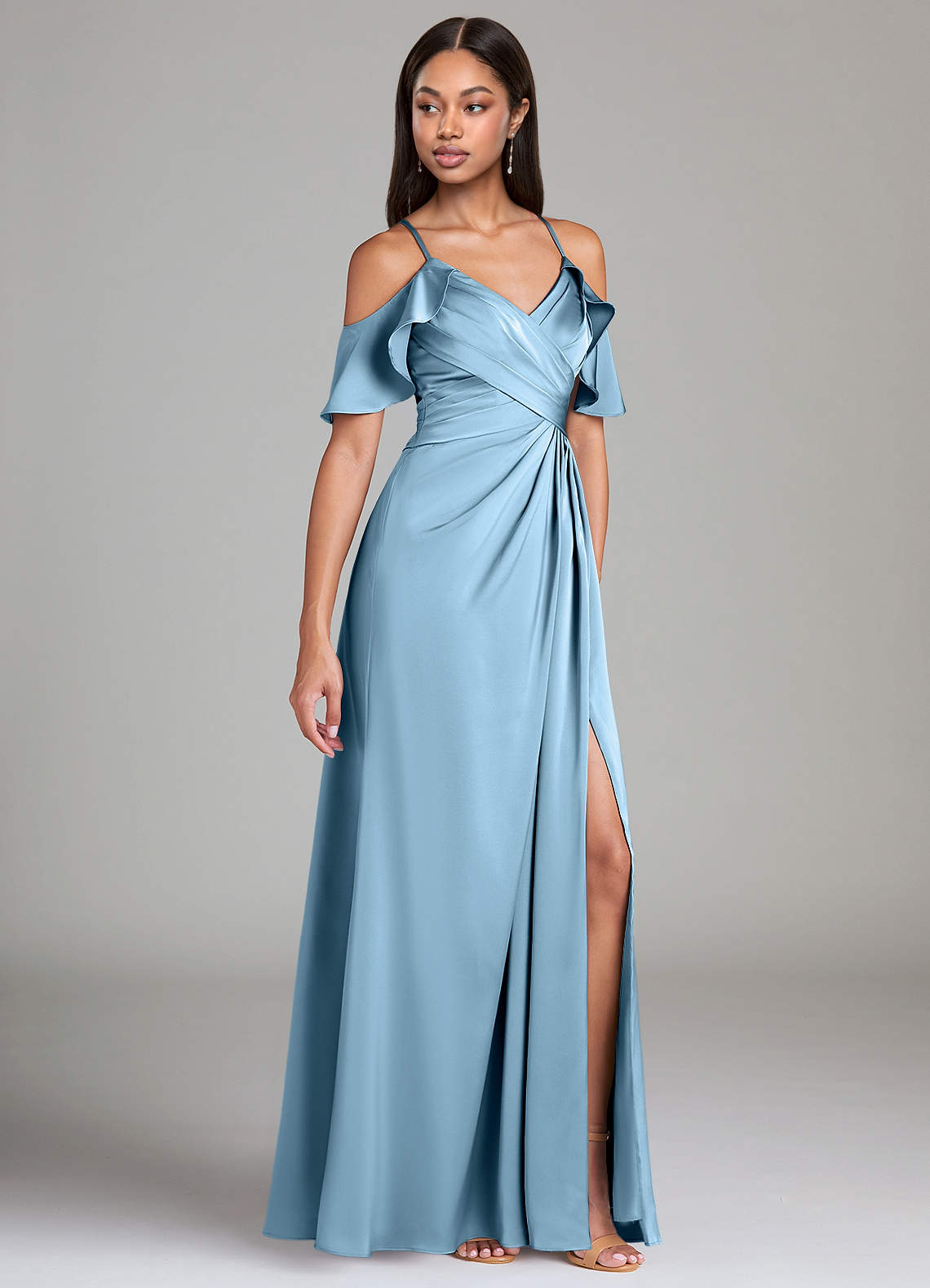 Azazie Dakota Jurken voor bruidsmeisjes Jurk van Stretch Satijn met A-Lijn Off the Shoulder Staal Blauw image1