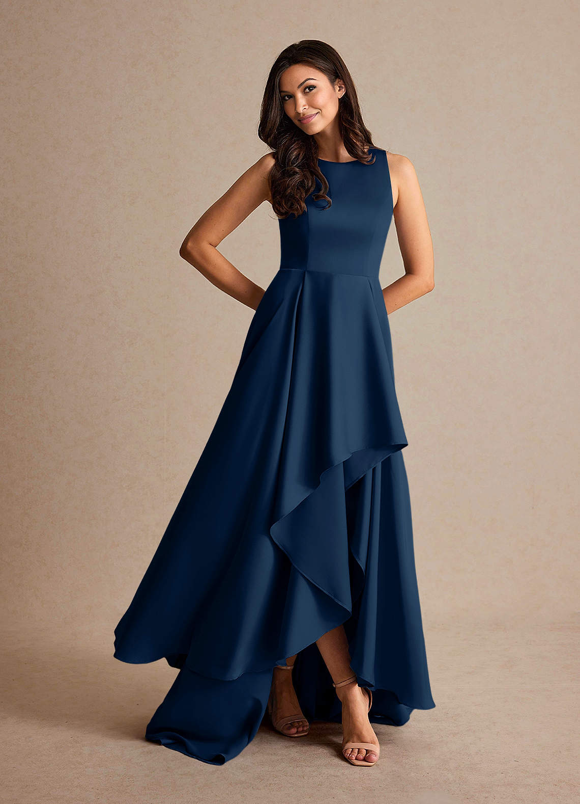 Azazie Niles Dark Navy A-Line Trains Stretch Satin Dress Ready to