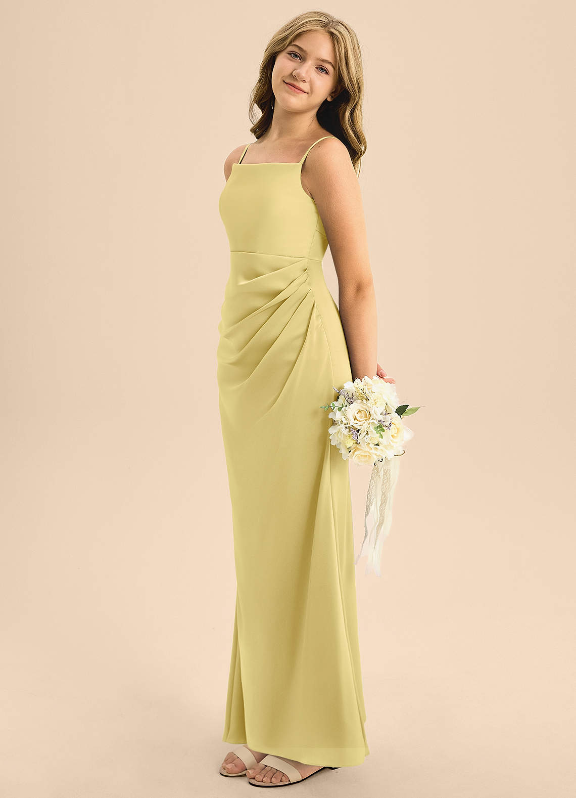 Azazie Renna Junior Lemon Sorbet A-Line Pleated Stretch Satin Dress image1