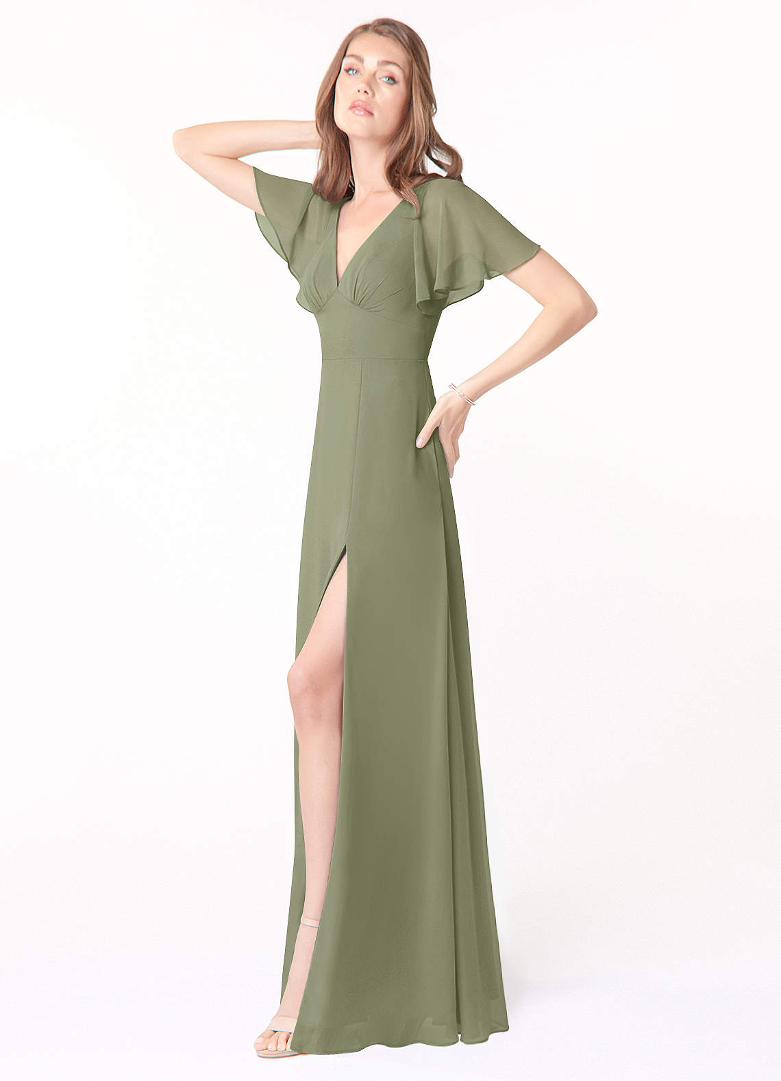 Azazie Kimber Bridesmaid Dresses Pistachio A-Line Flounce Sleeve Chiffon Dress image2