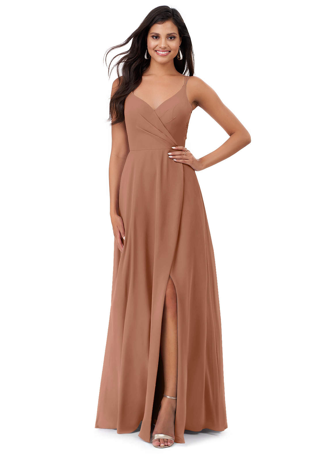 Azazie Lennon Abiti da Damigella Abito A-Line in Chiffon Pizzo Bronzo image1