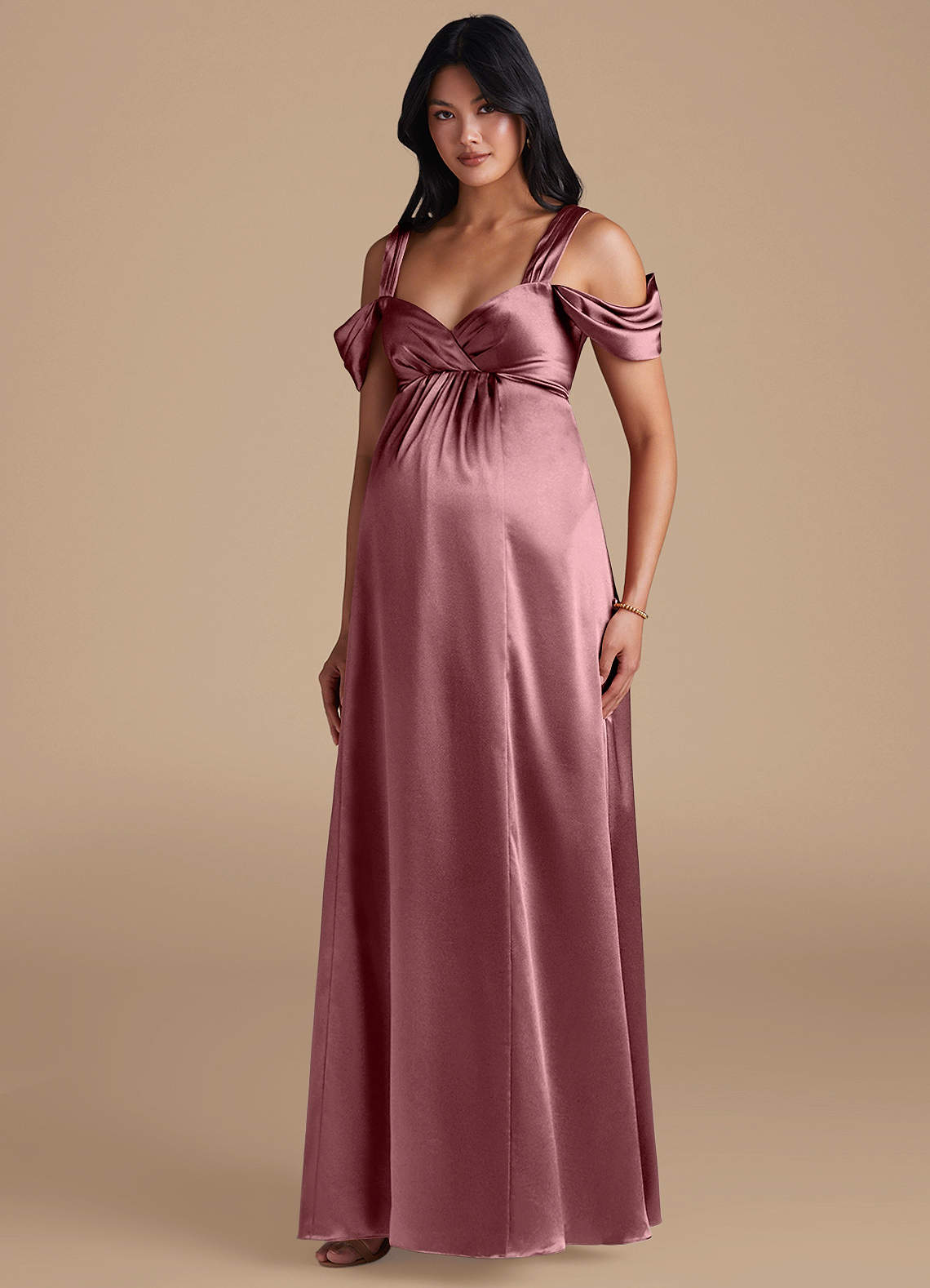 Azazie Rhea Maternity Bridesmaid Dresses A-Line Pleated Metallic Satin Floor-Length Dress image1