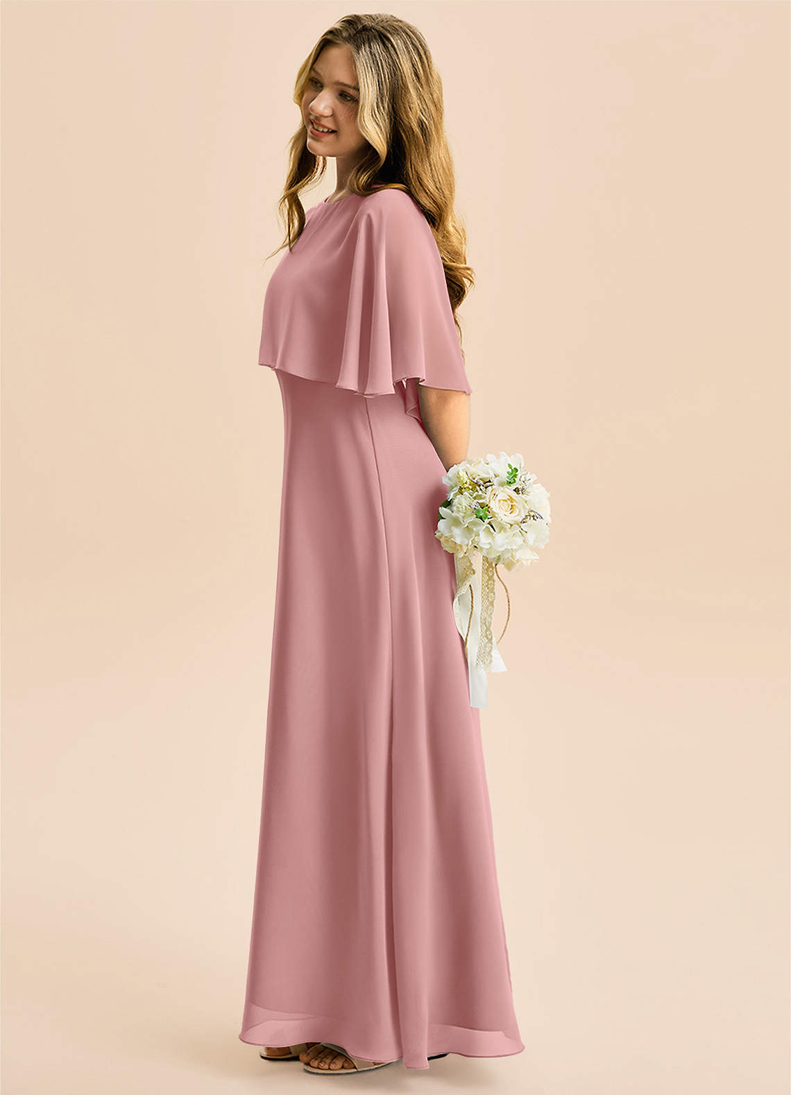 Azazie Maris Junior Abito A-Line in Chiffon Rosa Polverosa image2