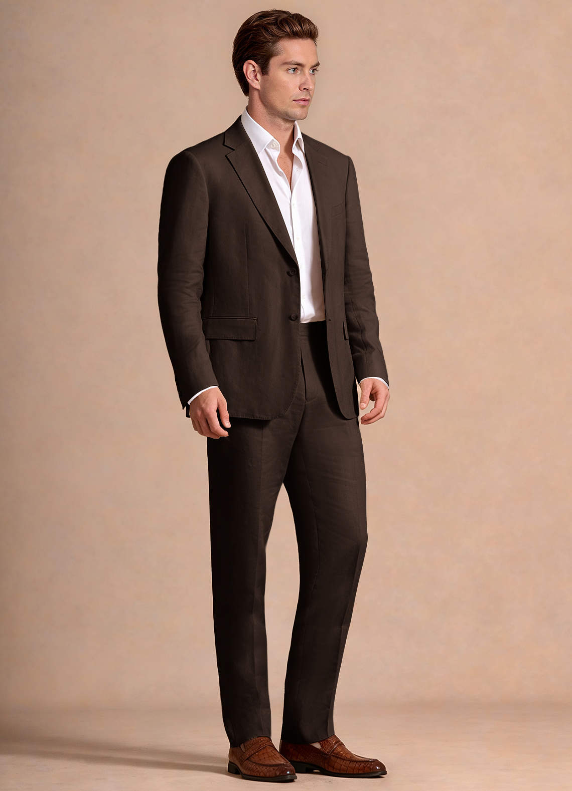 front Wesley Dark Brown Linen Blend Suit