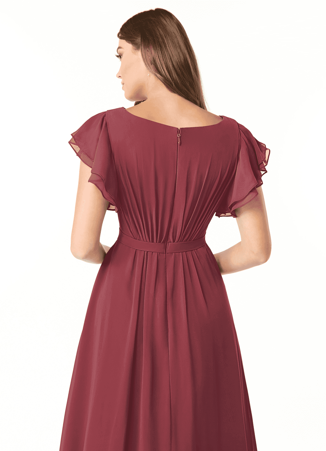 Azazie Daphne At-home Try On Dresses A-Line Ruffled Chiffon Floor-Length Dress image4