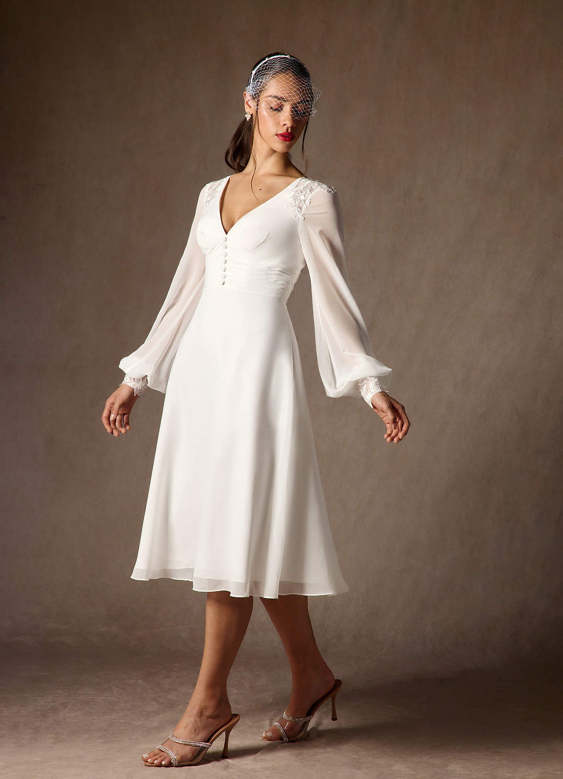 Azazie Amila At-home Try On Dresses Diamond White A-Line V-Neck Lace Chiffon Dress image2