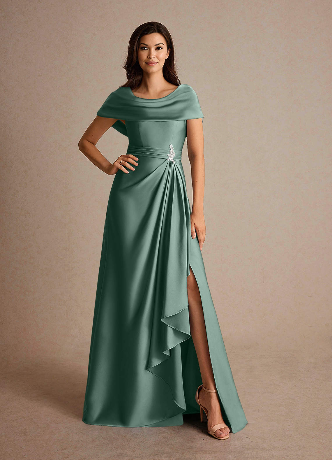 Azazie Branford Eucalyptus A-Line Pleated Stretch Satin Dress | Azazie