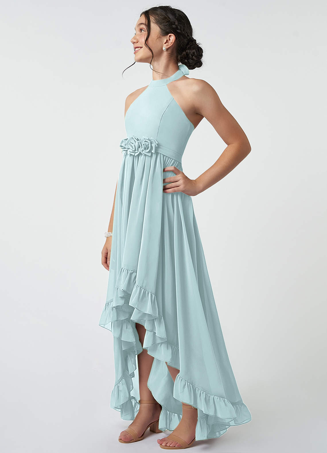 Azazie Hermione Junior Abito A-Line in Chiffon Nebbia image3
