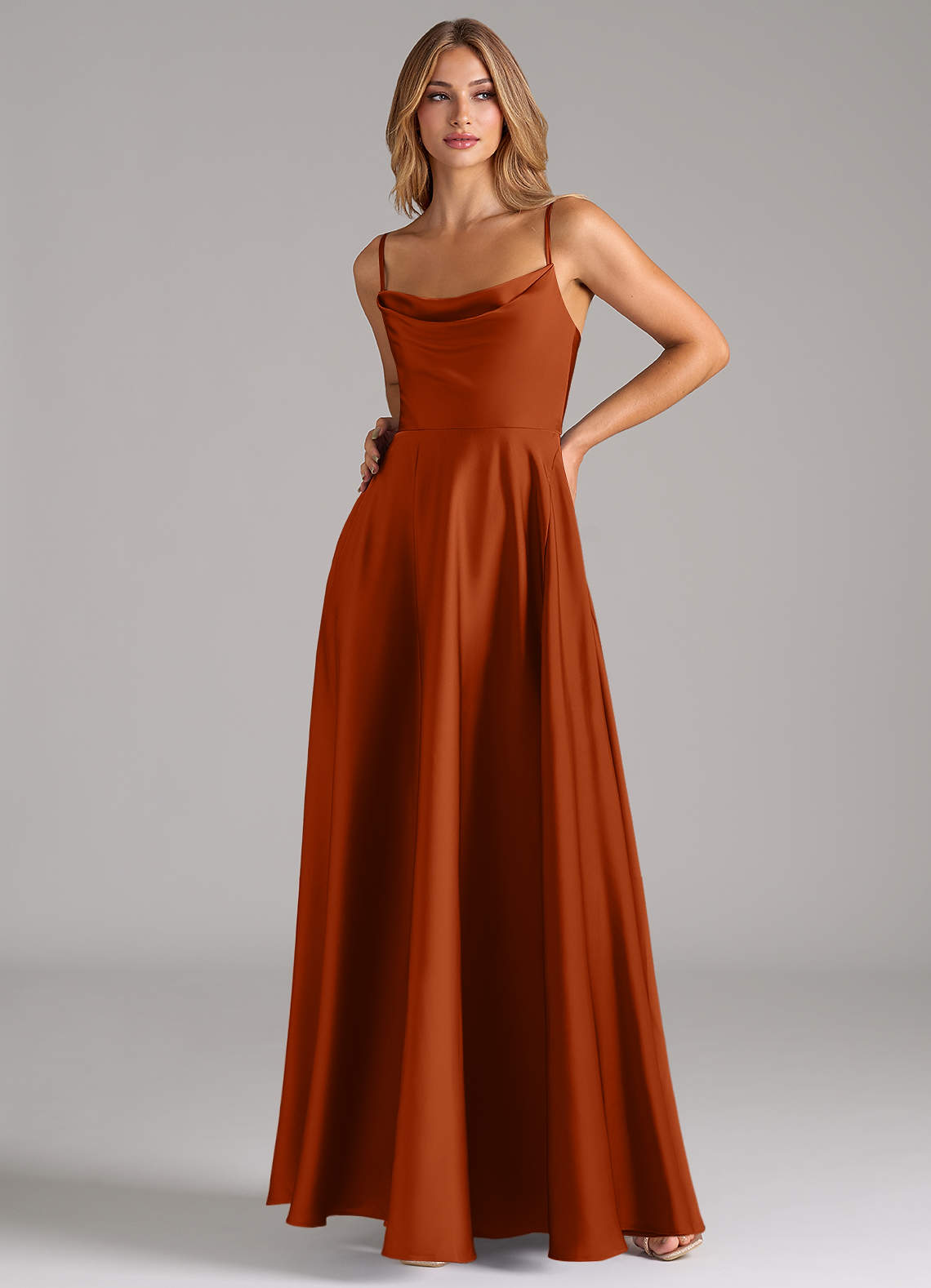 Azazie Elle Bridesmaid Dresses Burnt Orange A-Line Pleated Stretch Satin Dress image4