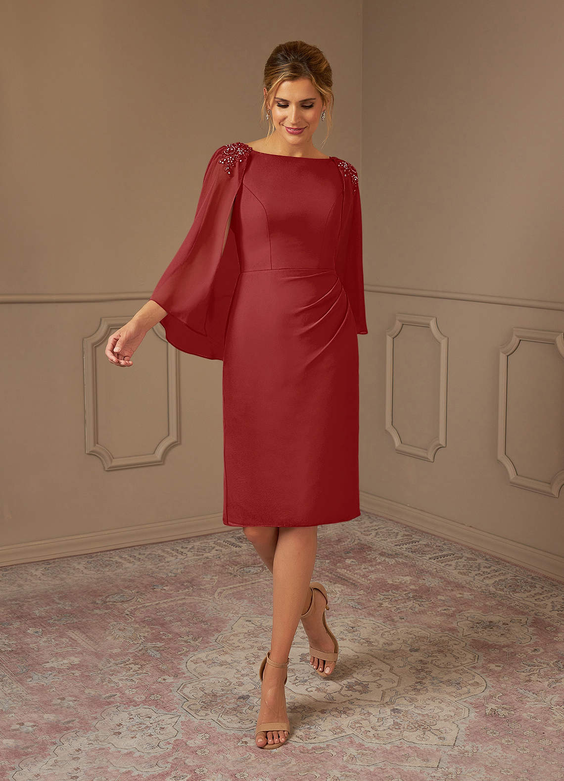 Azazie Carmela Mère de la mariée Robes Robe Fourreau en Mousseline de soie Dentelle Rouille image1
