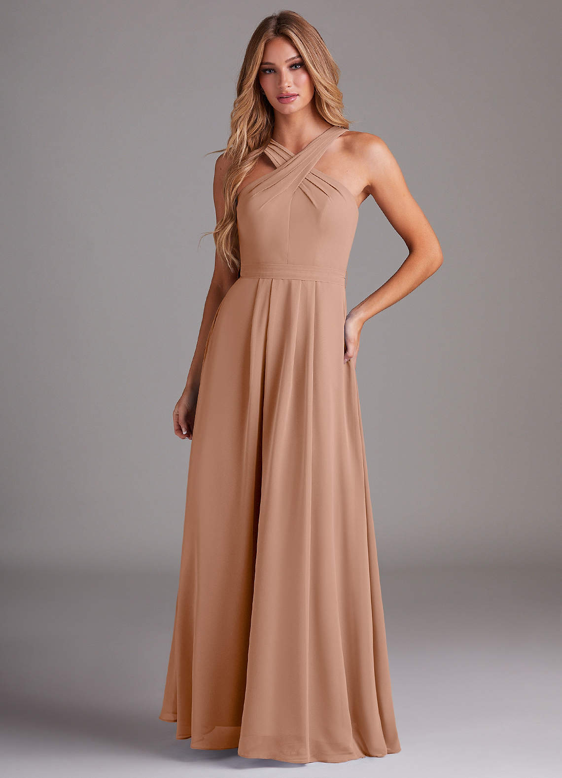Azazie Dixie Bridesmaid Dresses Champagne Rose A-Line Halter Pleated Chiffon Dress image1