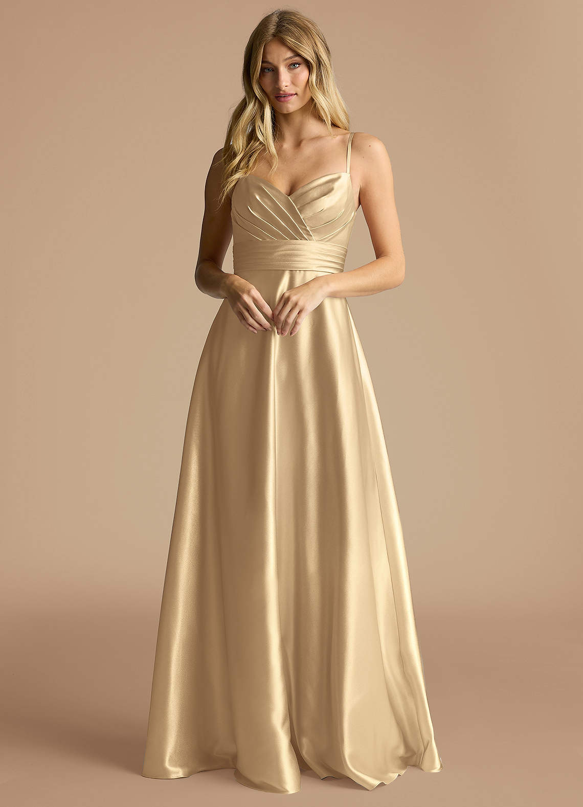 Azazie Oliana Bridesmaid Dresses Champagne A-Line Pleated Metallic Satin Dress image1