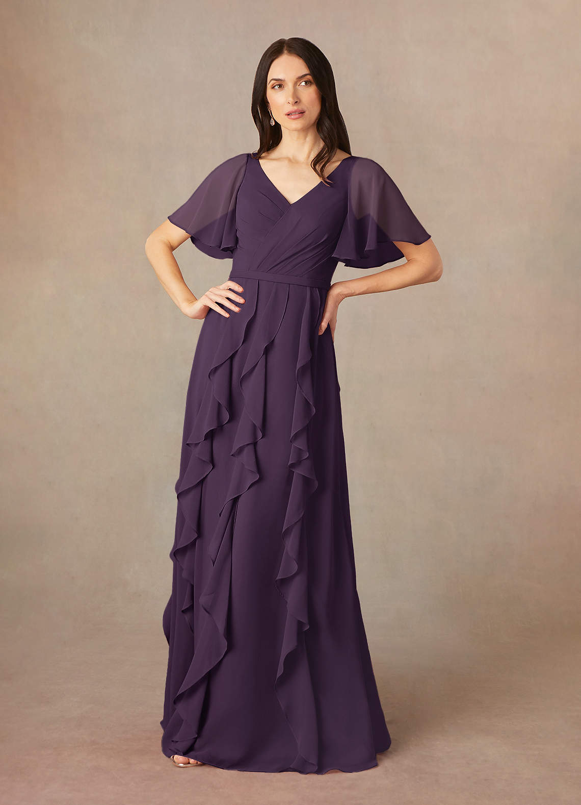 Azazie Watson Kleider für die Brautmutter A-Linie V-Hals Chiffon Kleid Pflaume image1