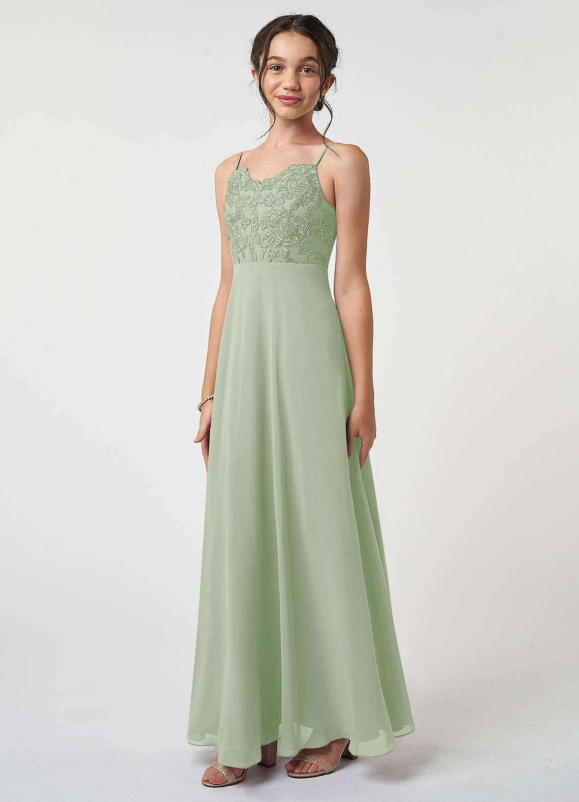 Azazie Sonya Junior Dusty Sage A-Line Lace Chiffon Dress image1