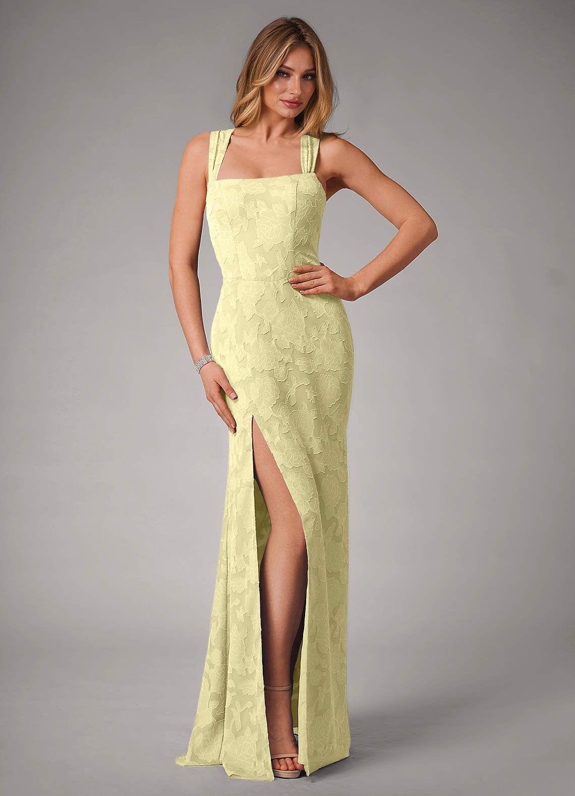 Azazie Luci Bridesmaid Dresses Lemon Sorbet Mermaid Pleated Floral Burnout Convertible Dress image1