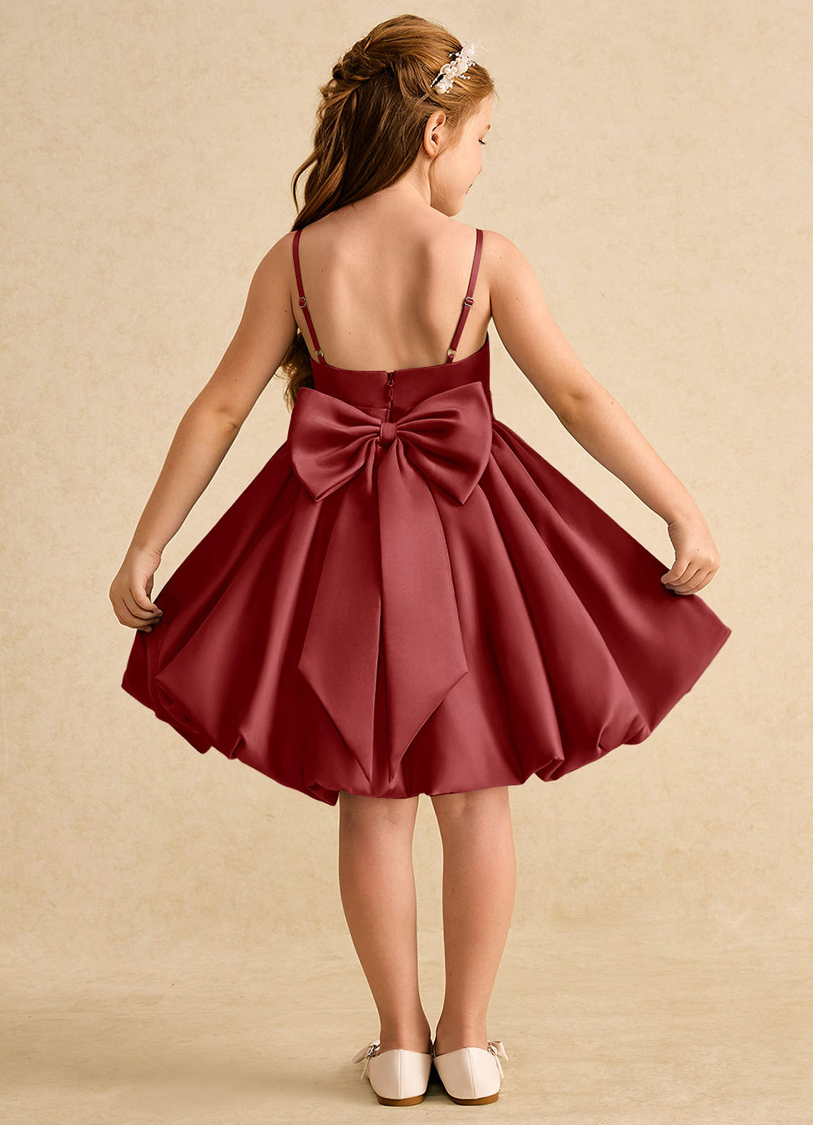 Azazie Davine Flower Girl Dresses Rust A-Line Spaghetti Strap Matte Satin Dress image1
