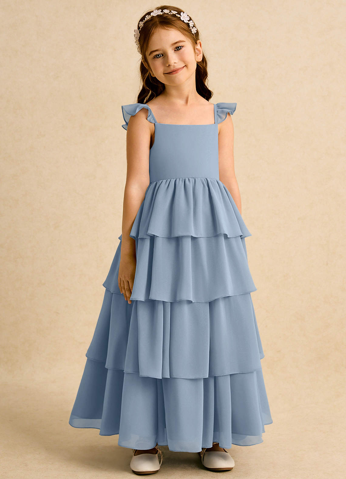Azazie Boba Flower Girl Klänningar Klänning A-Line i Chiffong Fyrkantig halsringning image1
