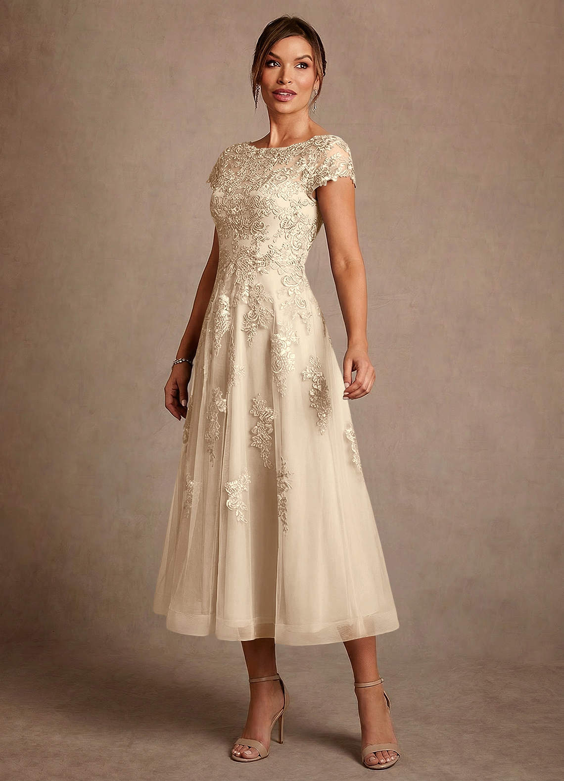 Azazie Jolanda Kleider für die Brautmutter A-Linie Spitze Kleid Champagner image3