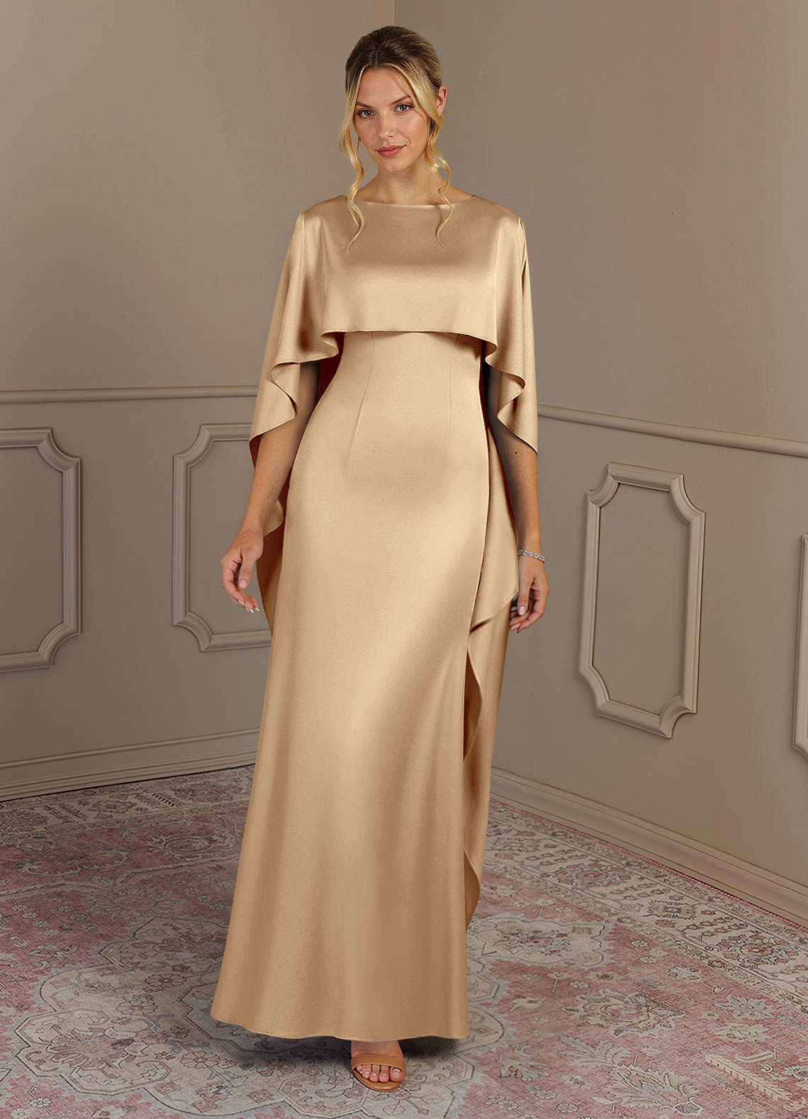 Azazie Eli vestidos de madre de la novia Vestido de Champán de Satén Elástico de Recto con Cuello de barco image3