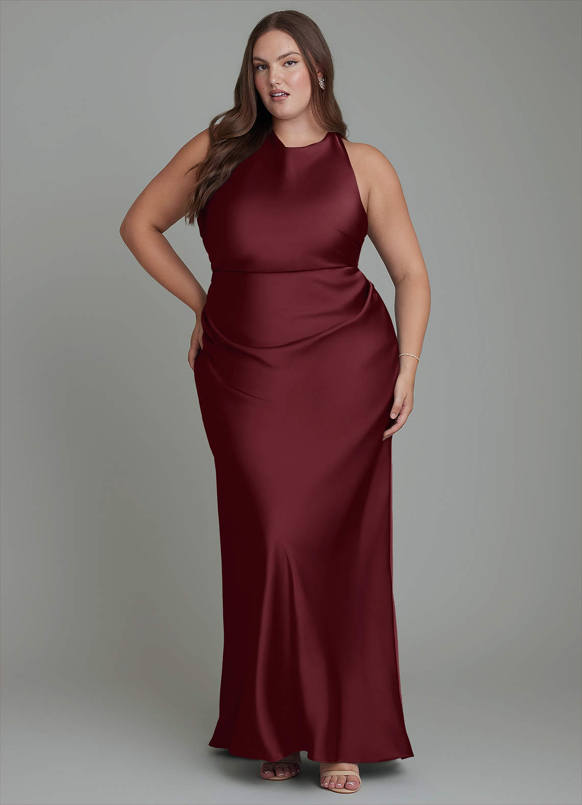 Azazie Evadne Bridesmaid Dresses Cabernet Sheath Pleated Stretch Satin Dress image1
