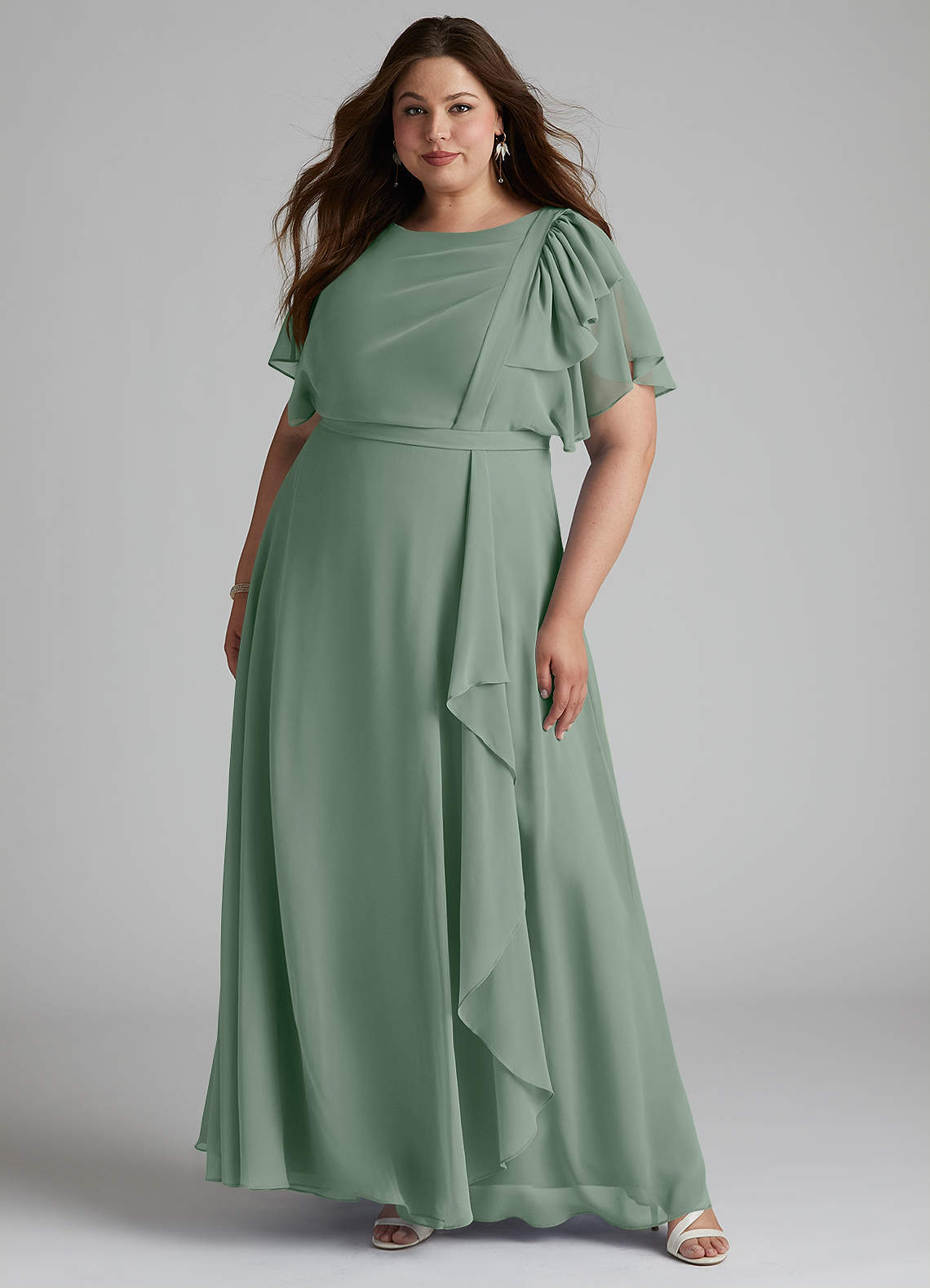 Azazie Aaliyah Modest Bridesmaid Dresses A-Line Scoop Pleated Chiffon Floor-Length Dress image1