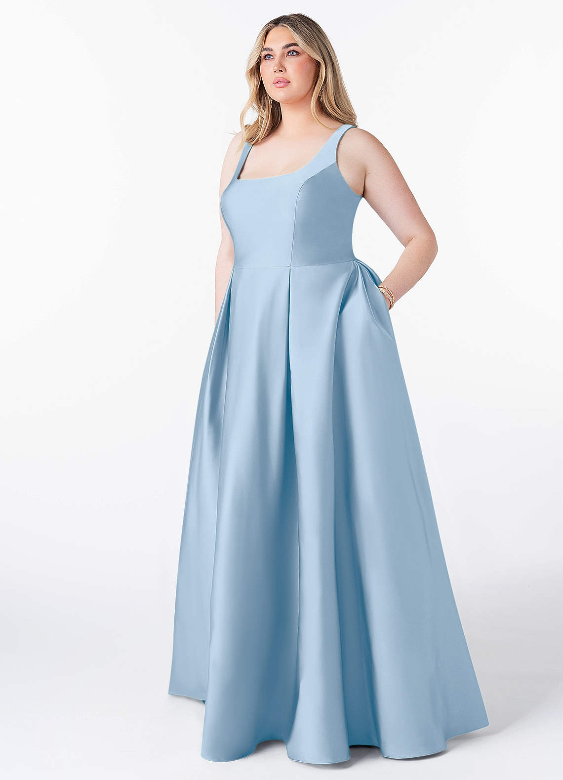 Azazie Neve Bridesmaid Dresses Powder Blue Ball-Gown with Pockets Stretch Satin Dress image1