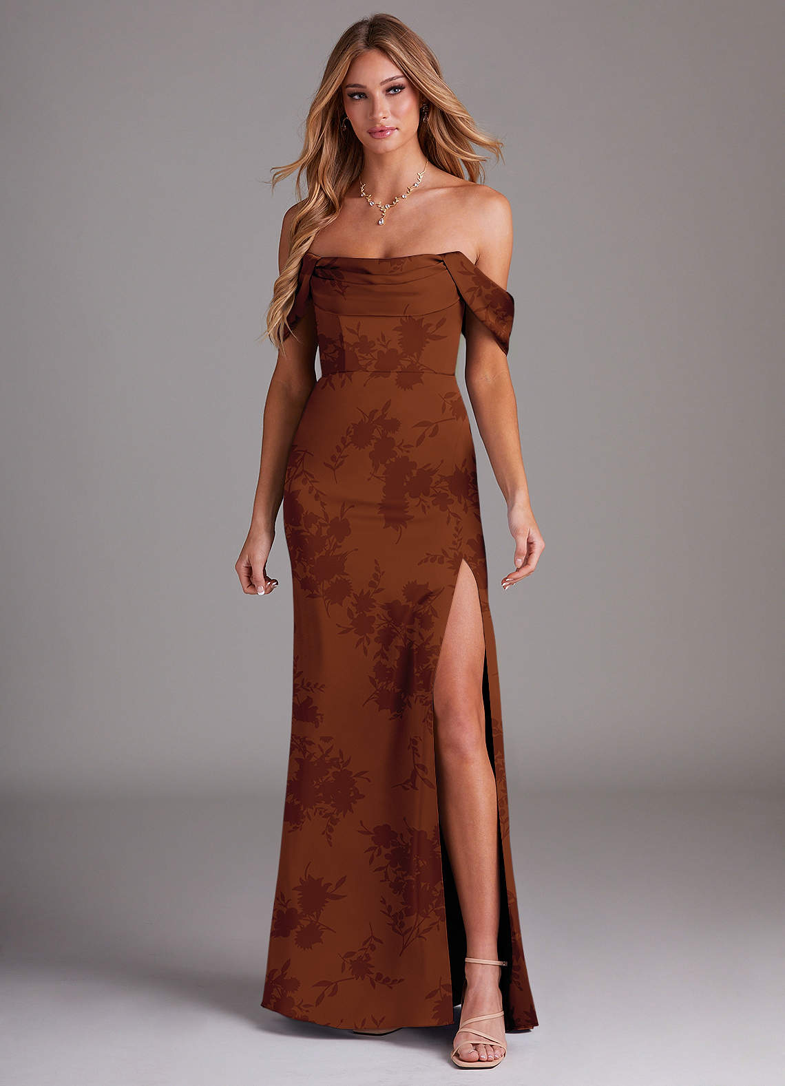 orange satin floral dress Floral-print satin dress