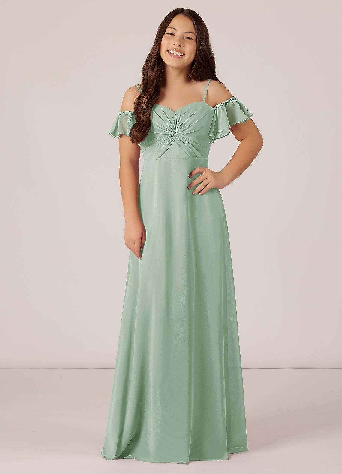 Azazie Juna Junior Agave A-Line Off the Shoulder Chiffon Dress image1